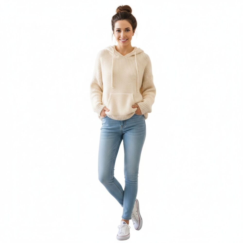 Aerie Cream Hooded Knit Sweater Soft Oversized Pullover Hoodie Medium